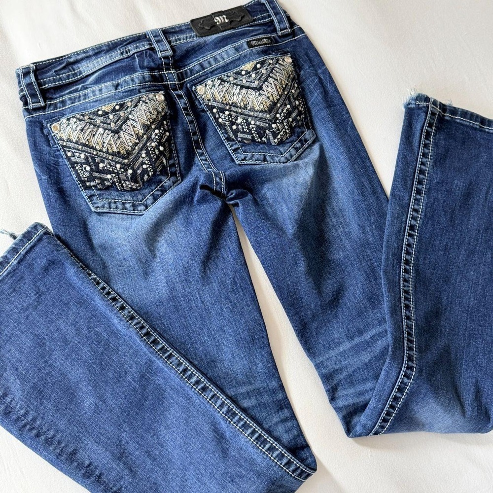 Miss Me Womens Dark Wash Embellished Low Rise Flare Jeans Y2K Size 26